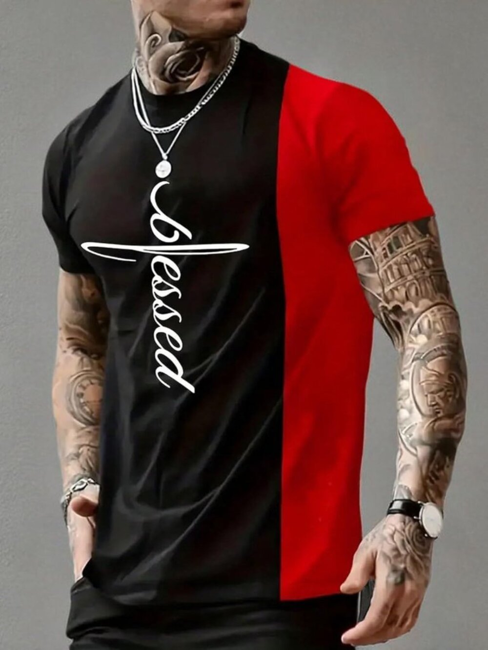 Men's Color Block Graphic Tee - Short Sleeve Summer T-Shirt, Casual Style Top - Picture 6 of 6